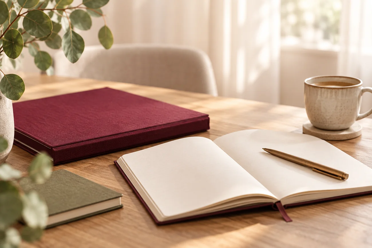 Warme Raumidee mit Notizbuch, Mappe und Kaffeetasse